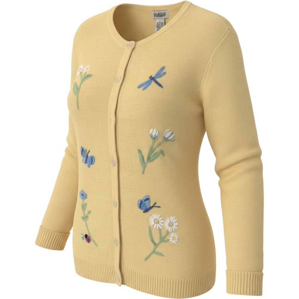 Classic Elements Yellow Embroidered Butterfly Floral Cardigan Sweater Large L